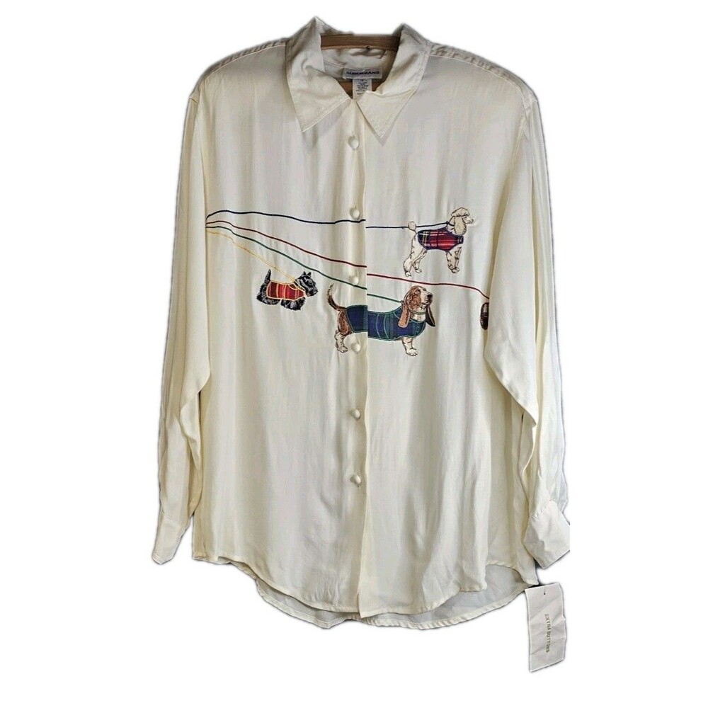 VTG Deadstock Dog Embroidered Blouse Scottie Basset Poodle Rayon Size 12